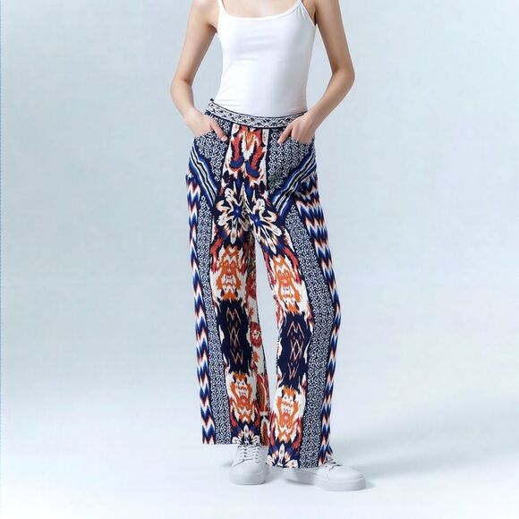 Boho Print Wide Leg High Rise Pants Women's Small Tribal Aztec Ikat Patchwork - Picture 3 of 9